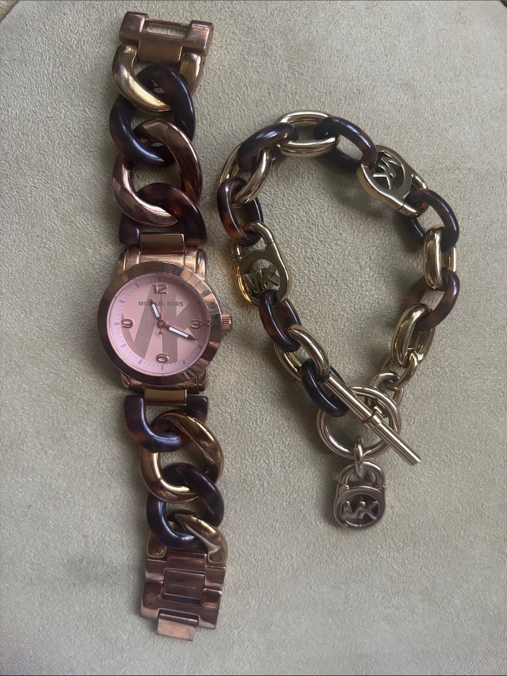 Michael Kors Rose Gold Watch and Dark Tortoise-Link Bracelet